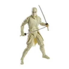 A G.I. Joe action figure of Storm Shadow, wearing a white ninja outfit and wielding two katanas
