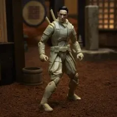 A G.I. Joe action figure of Storm Shadow, unmasked, in a white ninja outfit with swords on his back