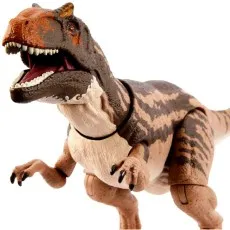 A close-up of a Metriacanthosaurus dinosaur toy with its jaws wide open, showing its teeth.