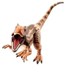 A close-up shot of a Metriacanthosaurus dinosaur toy with its mouth wide open, mid-roar.