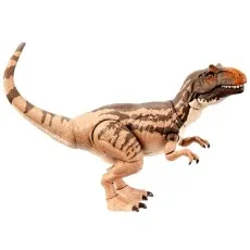 A side view of a Metriacanthosaurus dinosaur toy with brown and tan stripes on its body.