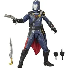 A G.I. Joe Classified Series Cobra Commander action figure holding a pistol with a sword and two interchangeable hands at its feet