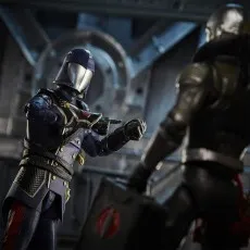 A Cobra Commander action figure pointing at a blurry figure in the foreground with a briefcase in a hangar setting