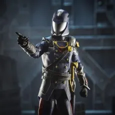 A Hasbro G.I. Joe Classified Series Cobra Commander action figure in a dark blue uniform pointing his finger