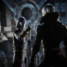 A Hasbro G.I. Joe Classified Series Cobra Commander action figure pointing at a blurry figure in the foreground