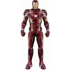 A detailed Iron Man toy, posed in a neutral stance, showing the full suit of armor.
