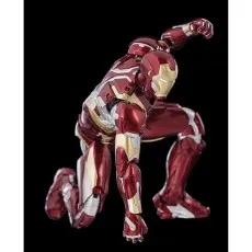 A collectible Iron Man figure in a dynamic kneeling position with one arm extended forward.
