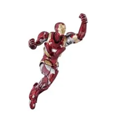 A flying Iron Man action figure in a dynamic pose, with his left arm raised.