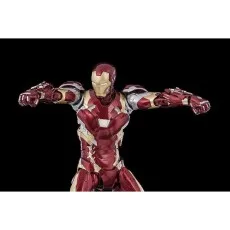 A highly detailed Iron Man action figure with its arms outstretched, as if hovering.