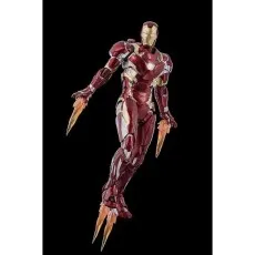 A highly detailed Iron Man toy suspended in the air on a black background, with glowing thrusters.