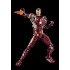 A highly detailed red and gold Iron Man toy firing a repulsor blast from his hand.