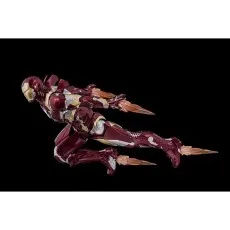 A red and gold Iron Man toy in a dynamic flight pose, against a solid black background.