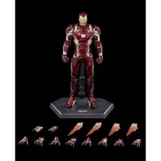 An Iron Man action figure on a stand, with various interchangeable hands and repulsor blast effects.