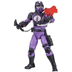 A Hasbro G.I. Joe Classified Series Cobra Techno-Viper action figure, in a purple and black uniform, holding a red accessory and a small tool