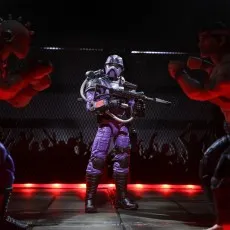 A G.I. Joe Classified Series Cobra Techno-Viper action figure holding a rifle and standing between two blurry figures