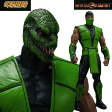 Storm Collectibles' Mortal Kombat Reptile figure, showcasing his human and lizard forms.