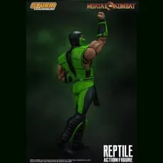 Back view of the Mortal Kombat Reptile action figure with his arm raised in a victory pose.