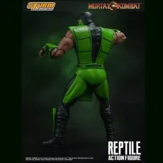 Back view of the Mortal Kombat Reptile action figure, showing his muscular build and green suit.