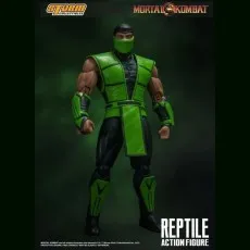 The Mortal Kombat Reptile action figure, standing in his classic green ninja costume.