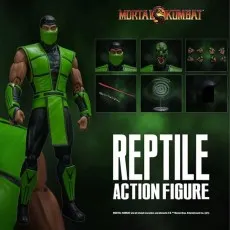 Mortal Kombat Reptile action figure with all of its interchangeable heads and accessories.