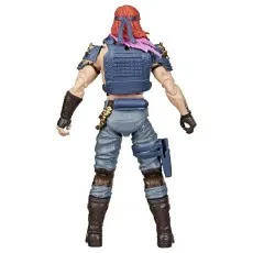 A back view of the G.I. Joe Classified Series Cobra Zandar action figure, showing his blue tactical vest and pink scarf