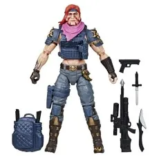A G.I. Joe Classified Series Cobra Zandar action figure with a pink bandana, tactical vest, and various weapons and a backpack