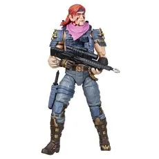 A Hasbro G.I. Joe Classified Series Cobra Zandar action figure holding a rifle with a scope. The figure is wearing a pink bandana and a tactical vest