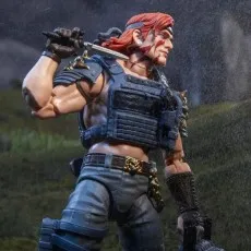 A detailed G.I. Joe Classified Series Cobra Zandar action figure with a knife held over his shoulder, standing in what appears to be a rainy environment