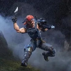A G.I. Joe Classified Series Cobra Zandar action figure in an action pose, holding a rifle and a knife in a rainy outdoor setting