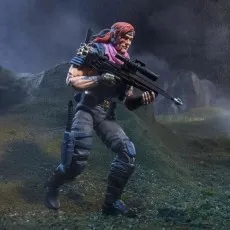 A G.I. Joe Classified Series Cobra Zandar action figure walking in a rainy outdoor setting while holding a rifle with a scope