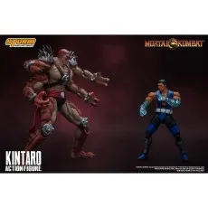 A four-armed Kintaro action figure in a fighting stance, facing a blue-clad Sub-Zero toy.