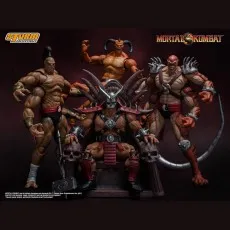 A collection of Mortal Kombat toys featuring Shao Kahn, Goro, Moloch, and Kintaro.