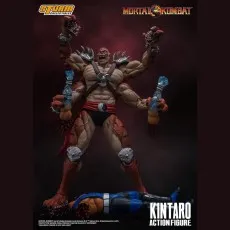 A Kintaro collectible with four arms raised in triumph, standing on a defeated Sub-Zero figure.