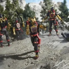 A Cobra Iron Grenadier B.A.T. action figure is running with other B.A.T.s in a diorama