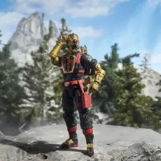 A detailed G.I. Joe action figure diorama. A Cobra Iron Grenadier B.A.T. figure with gold arms is in a fight pose with a white-suited action figure