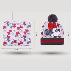 Minnie Mouse beanie hat with a pompom and a matching scarf with dimensions shown.