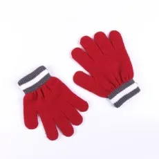 A pair of red knitted gloves with a ribbed cuff that has white and gray stripes.