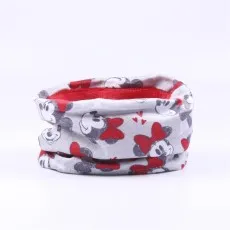 A gray neck warmer with a repeating pattern of Minnie Mouse, red bows, and small hearts.