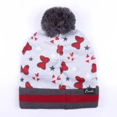 A children's gray and red Minnie Mouse beanie with a fluffy gray pom-pom on top.