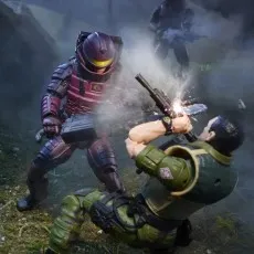 A G.I. Joe figure is shooting at a Cobra S.A.W. Viper figure in a battle scene