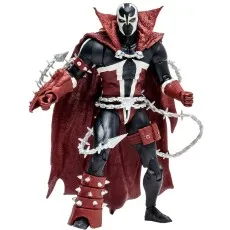 A Spawn action figure in a menacing pose, with chains and a red cape.