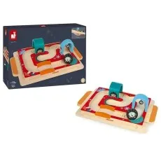 A Janod wooden maze toy with a hedgehog theme, displayed in and out of its box