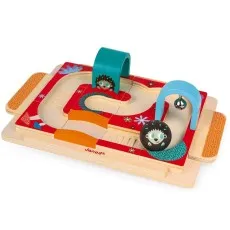 A Janod wooden maze toy with a hedgehog rolling a bell toward a blue arch