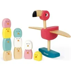 A Janod balancing flamingo toy with a few stacked bird pieces and a single yellow bird on the side