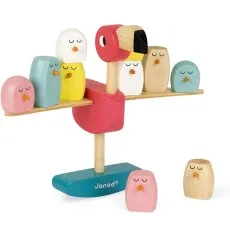 A Janod balancing toucan toy with multiple colored bird pieces