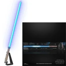 A blue Leia Organa Force FX Elite lightsaber with a display stand and an informational poster.