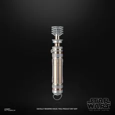 A detailed view of a Star Wars lightsaber hilt, with metallic silver and copper-toned sections.