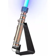 A glowing blue toy lightsaber from Star Wars, with a detailed hilt on a display stand.
