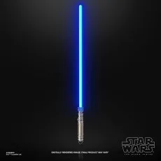 A realistic blue lightsaber prop or toy, emitting a bright blue light on a dark background.