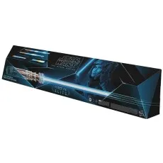 The long, black product box for the Leia Organa Force FX Elite lightsaber, showing a blue light blade and Leia.